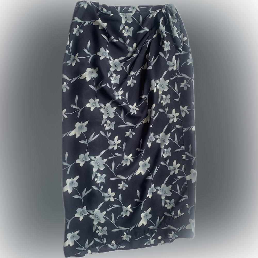 PATRICIA JONES blue floral long faux wrap skirt, size 12